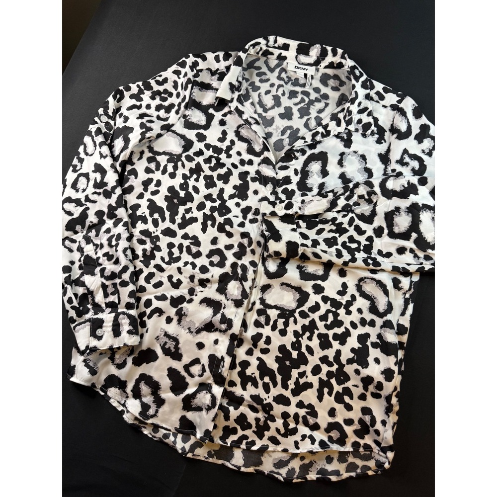 DKNY Womens Black White Leopard Print Roll Tab Sleeve Button Down Blouse Size M